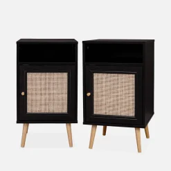 Mesita de noche escandinava con efecto madera y caña, set de 2