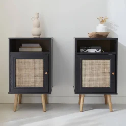 Mesita de noche escandinava con efecto madera y caña, set de 2