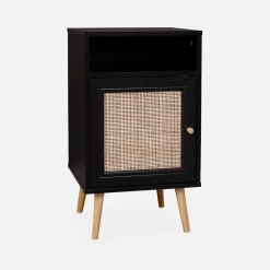 Mesita de noche escandinava con efecto madera y caña, set de 2