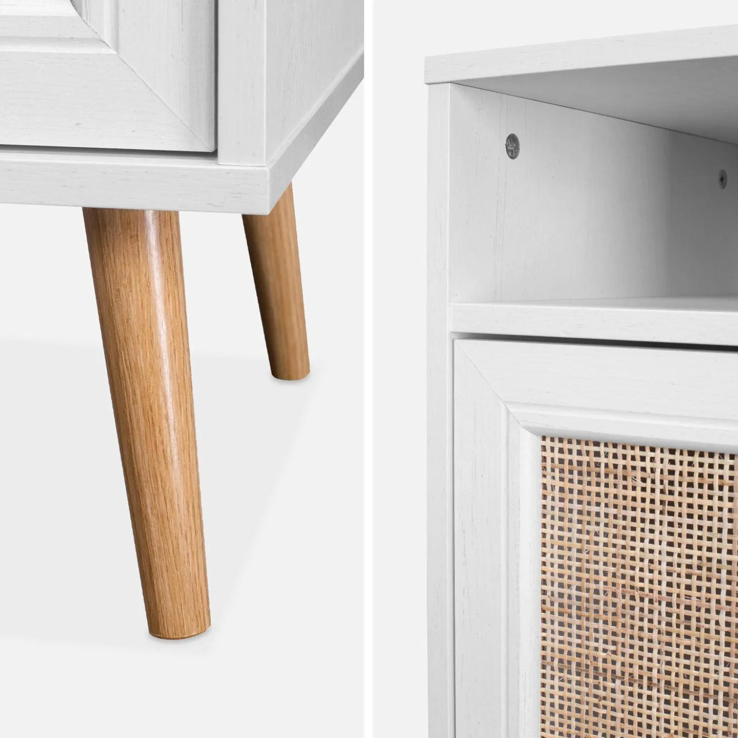 Mesita de noche escandinava con efecto madera y caña, set de 2