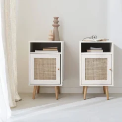 Mesita de noche escandinava con efecto madera y caña, set de 2