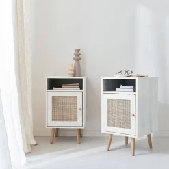 Mesita de noche escandinava con efecto madera y caña, set de 2
