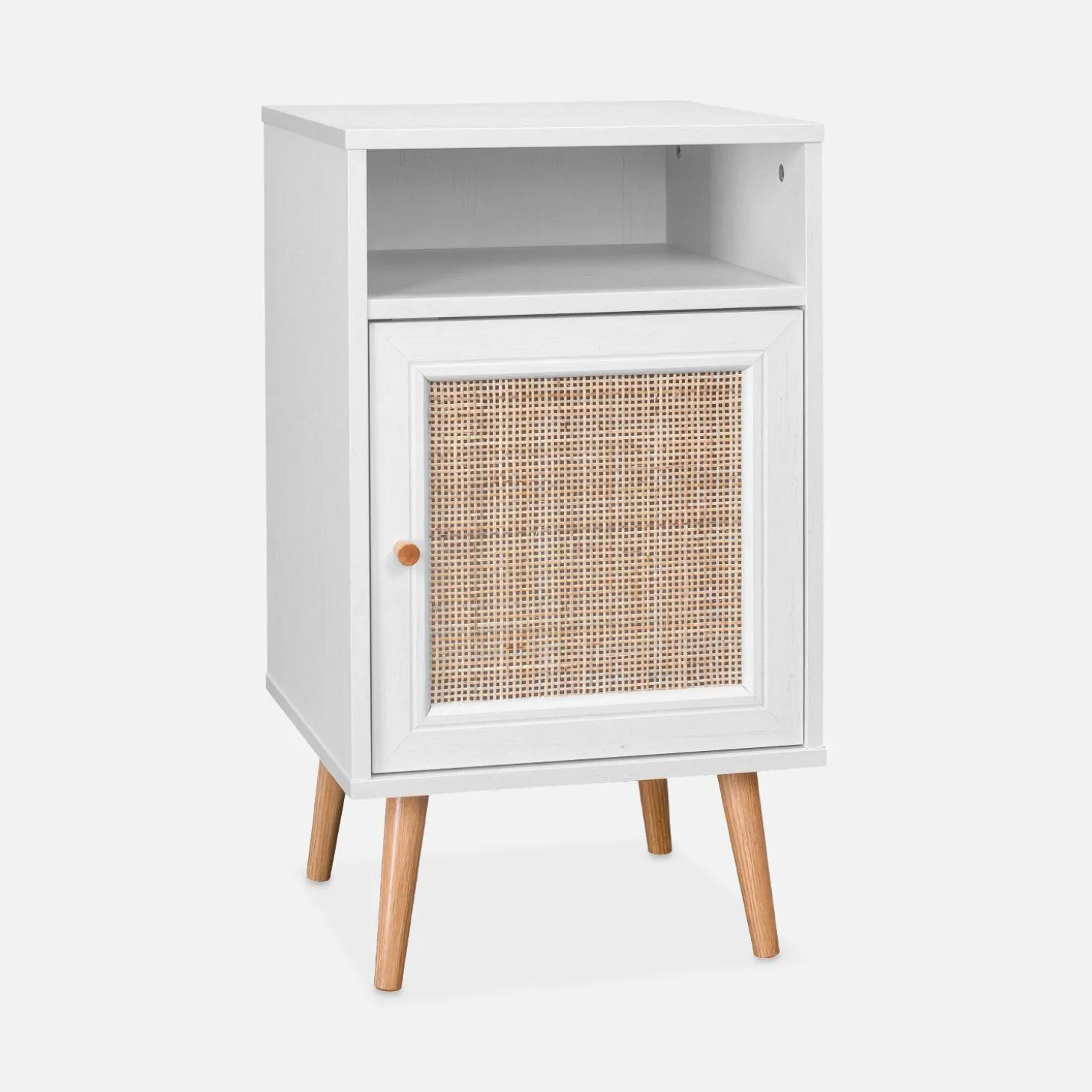 Mesita de noche escandinava con efecto madera y caña, set de 2