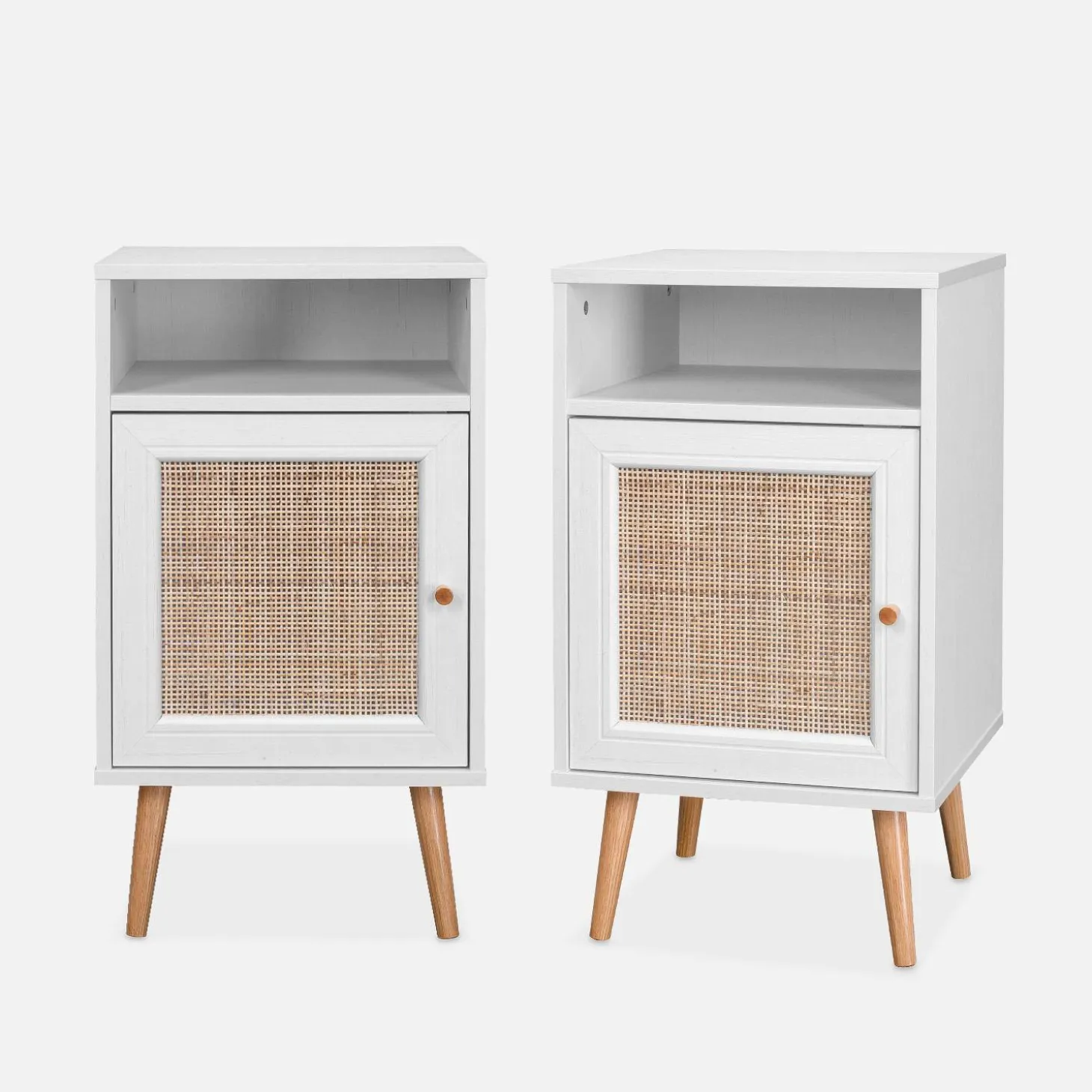 Mesita de noche escandinava con efecto madera y caña, set de 2