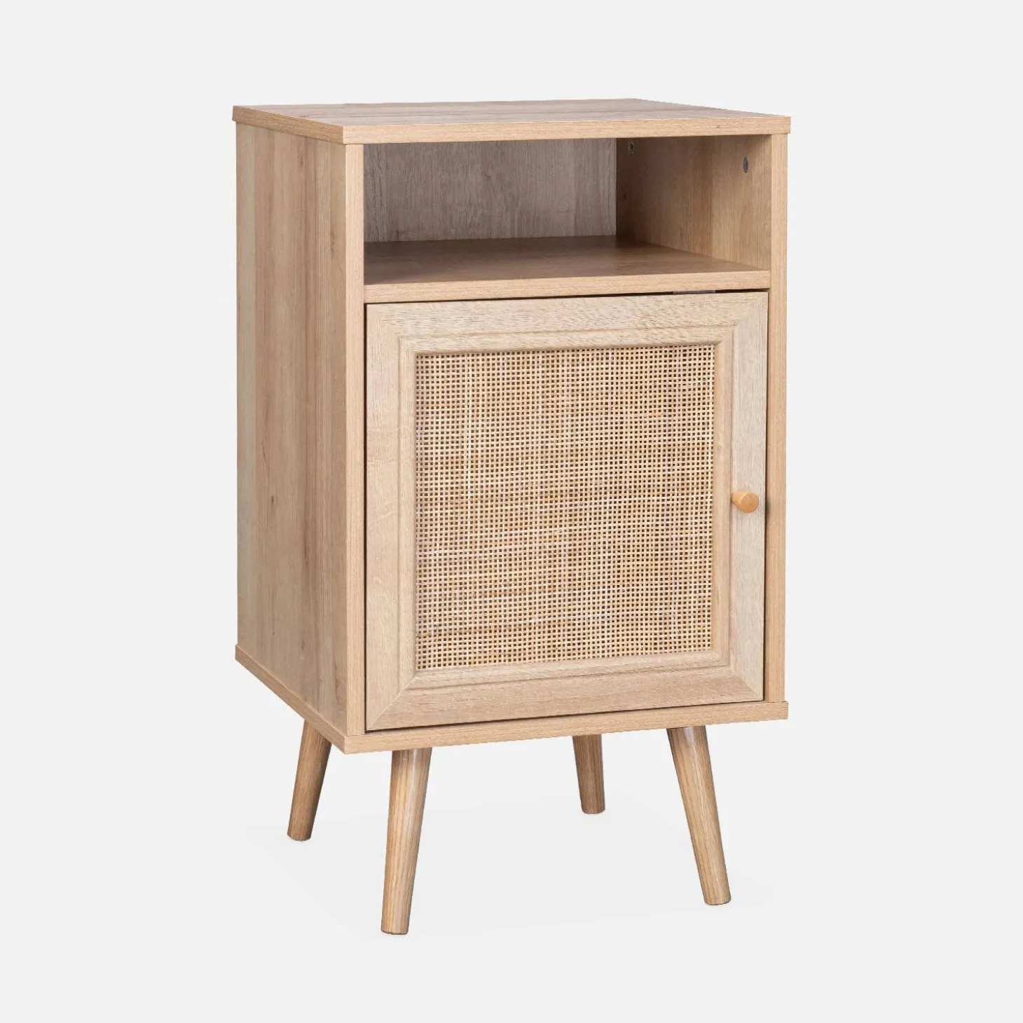 Mesita de noche escandinava de efecto madera y caña