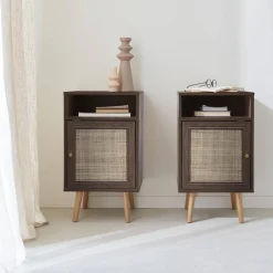 Mesita de noche escandinava con efecto madera y caña, set de 2