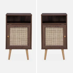 Mesita de noche escandinava con efecto madera y caña, set de 2