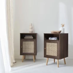 Mesita de noche escandinava con efecto madera y caña, set de 2