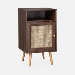 Mesita de noche escandinava con efecto madera y caña, set de 2