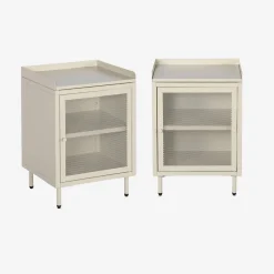 Mesita de noche industrial de metal con 1 puerta de rejilla, set de 2