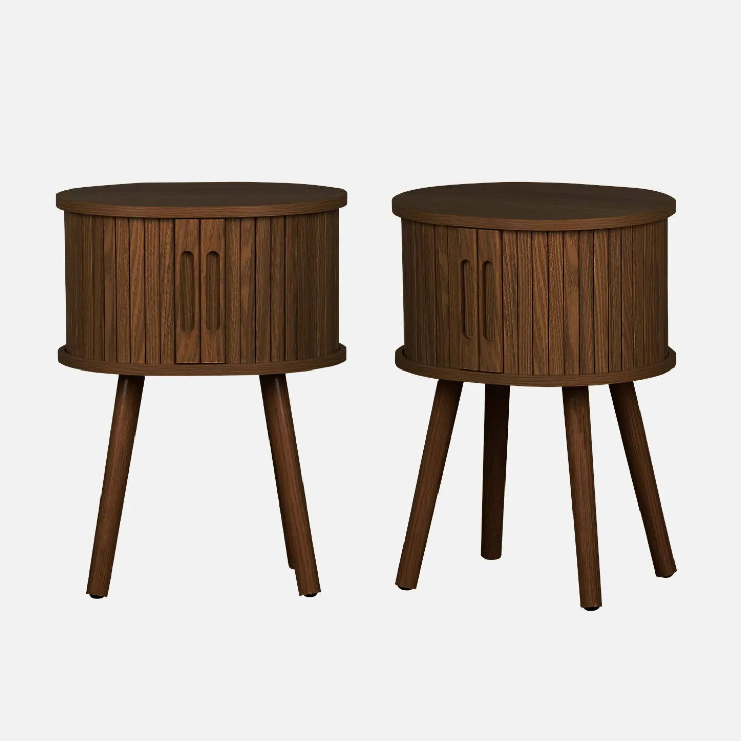 Mesita de noche ovalada escandinava con decoración madera ranurada, set de 2