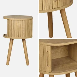Mesita de noche ovalada escandinava con decoración madera ranurada, set de 2