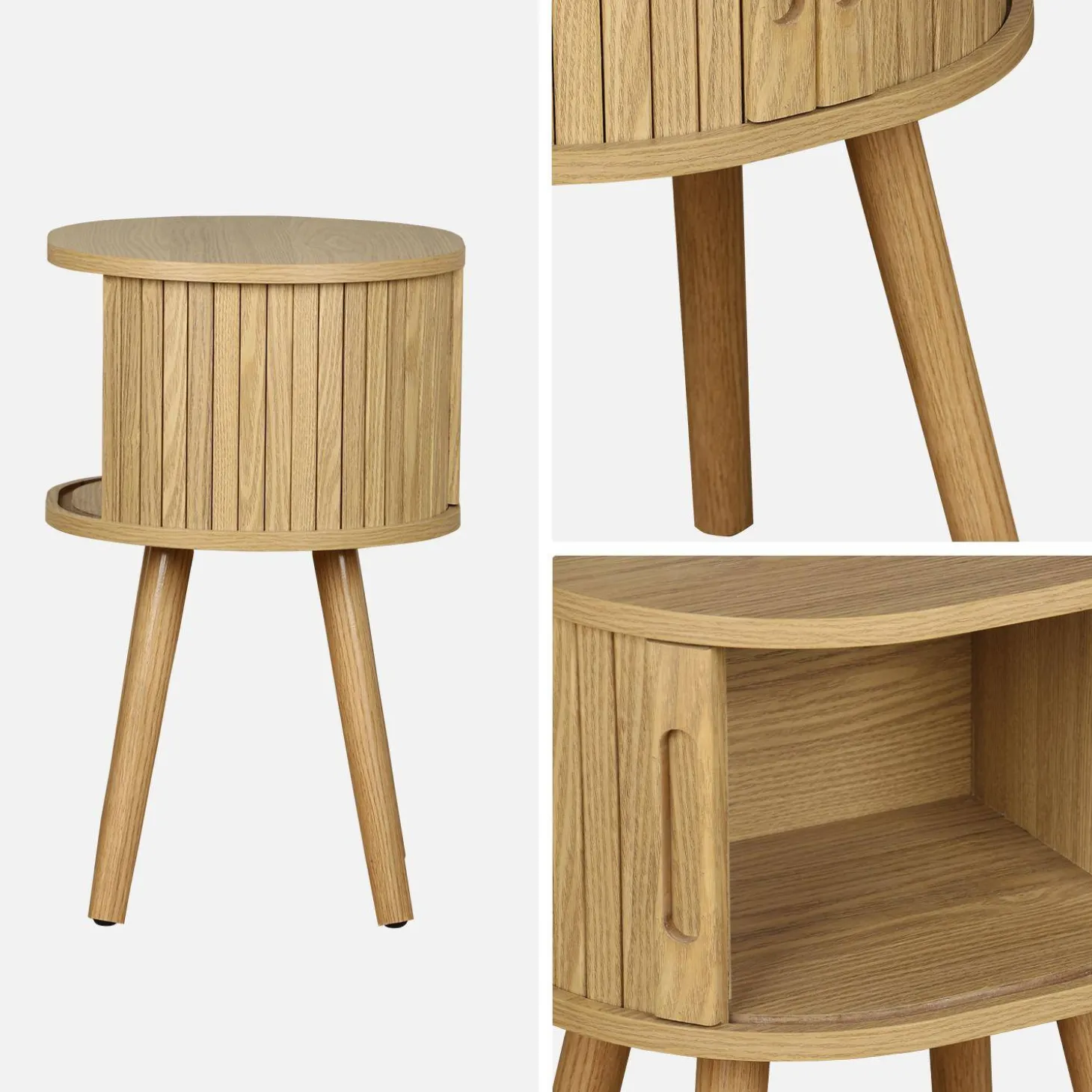 Mesita de noche ovalada escandinava con decoración madera ranurada, set de 2