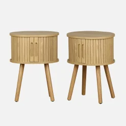 Mesita de noche ovalada escandinava con decoración madera ranurada, set de 2