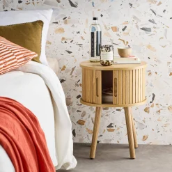 Mesita ovalada escandinava con efecto madera ranurada, 2 puertas correderas