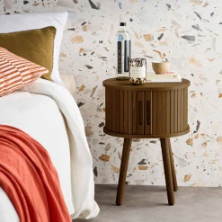 Mesita ovalada escandinava con efecto madera ranurada, 2 puertas correderas