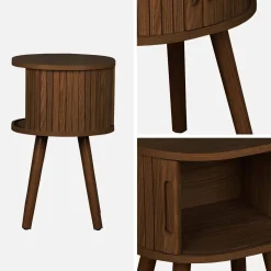 Mesita ovalada escandinava con efecto madera ranurada, 2 puertas correderas