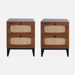 Mesitas de noche de madera y caña, set de 2