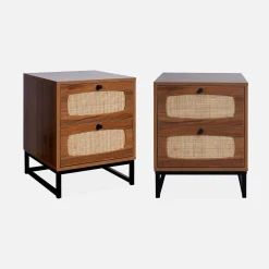 Mesitas de noche de madera y caña, set de 2