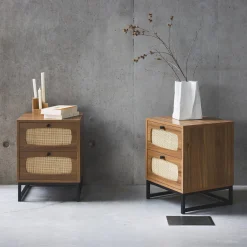 Mesitas de noche de madera y caña, set de 2
