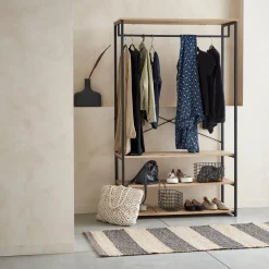 Mueble de entrada de metal y efecto madera, 3 niveles