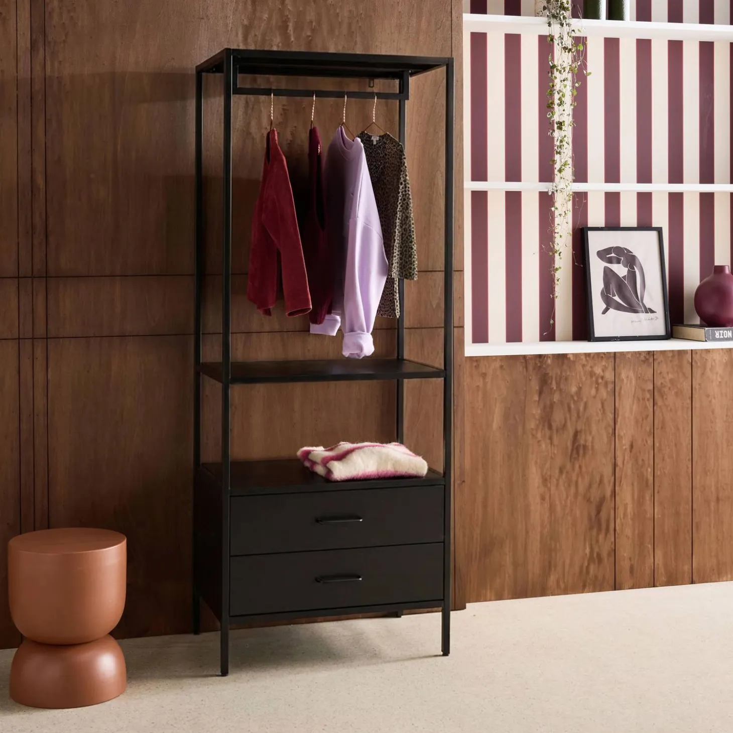 Mueble de entrada, perchero de metal con armario y 2 cajones