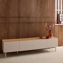Mueble de TV de metal y decoración de madera con 4 puertas, 180 cm