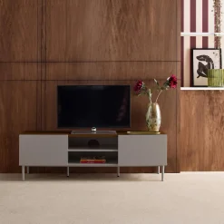 Mueble de TV de metal y decoración de madera 2 puertas, 140cm
