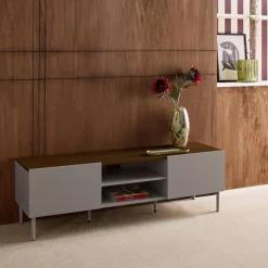 Mueble de TV de metal y decoración de madera 2 puertas, 140cm