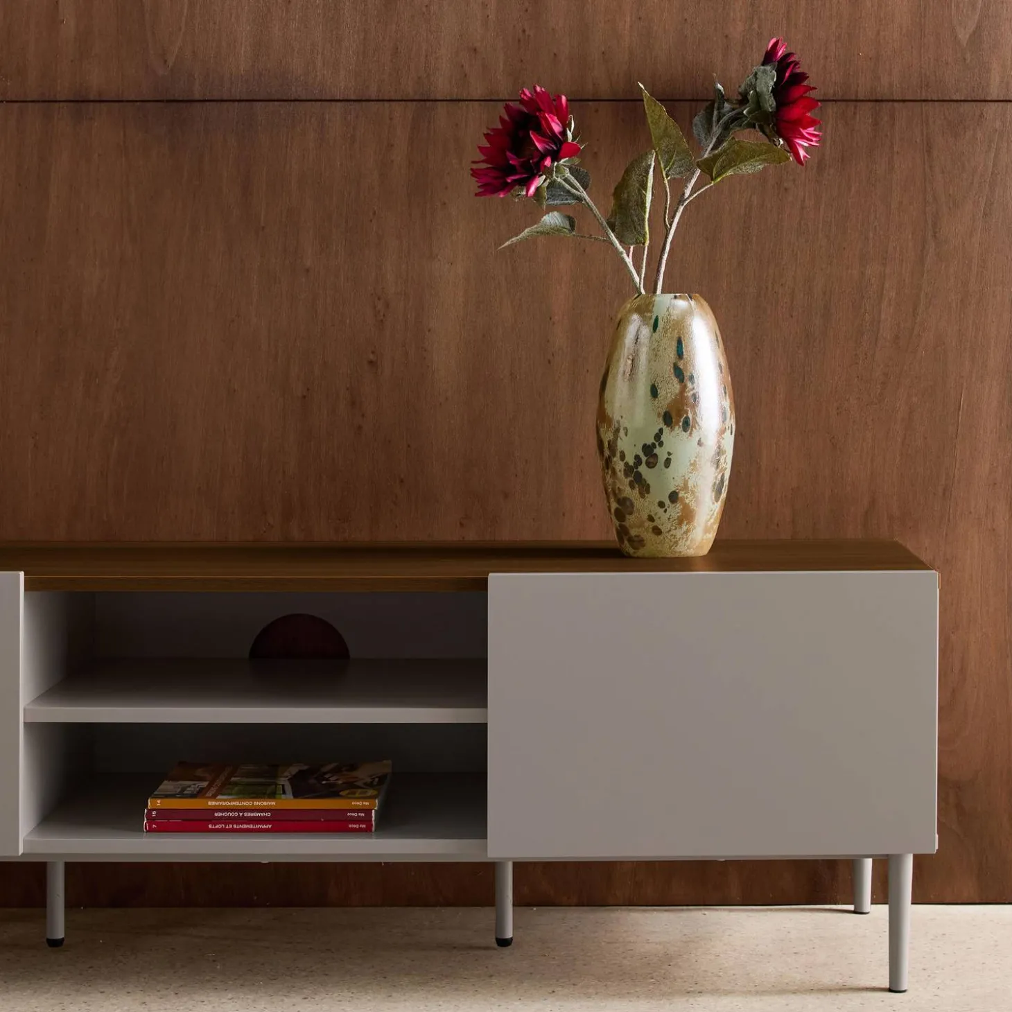 Mueble de TV de metal y decoración de madera 2 puertas, 140cm