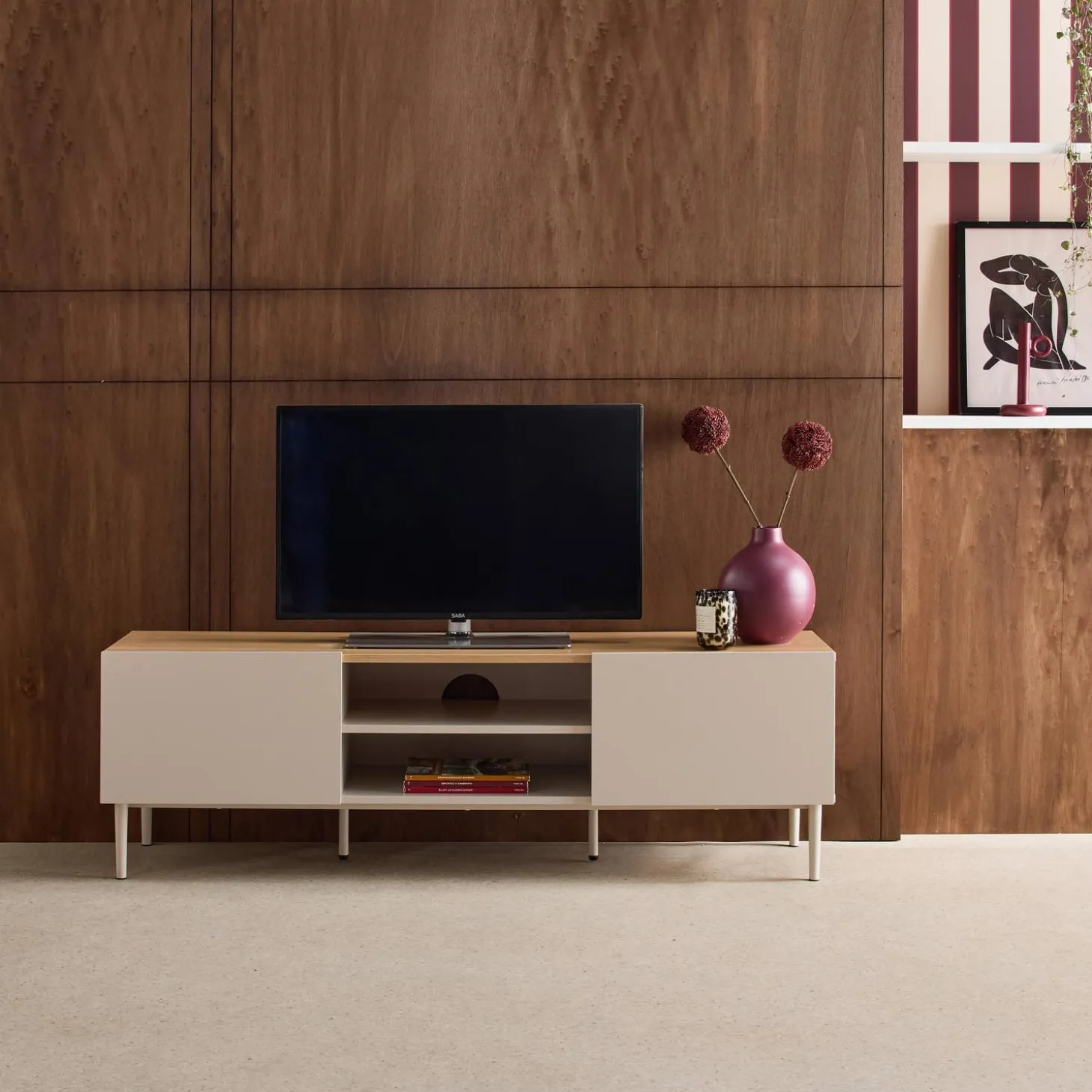 Mueble de TV de metal y decoración de madera 2 puertas, 140cm