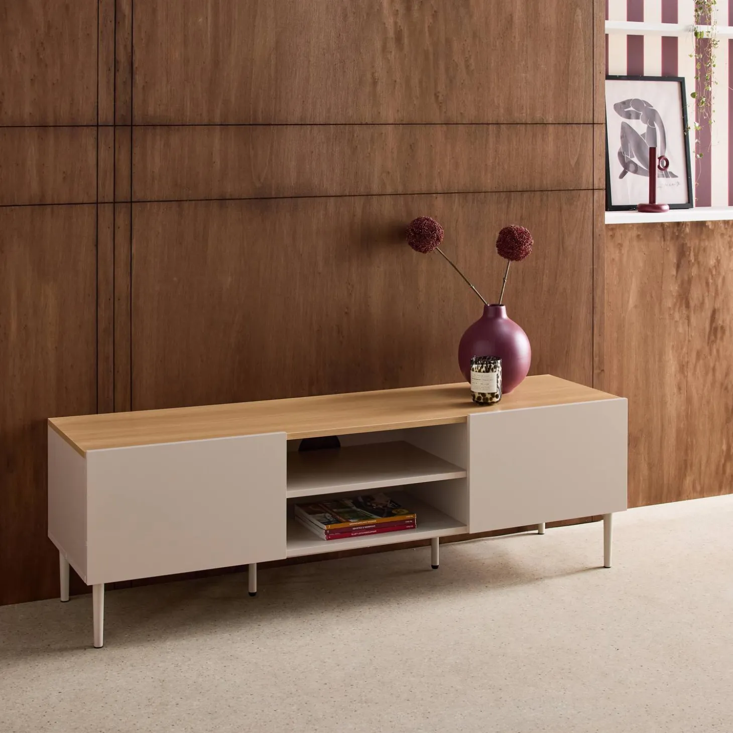 Mueble de TV de metal y decoración de madera 2 puertas, 140cm