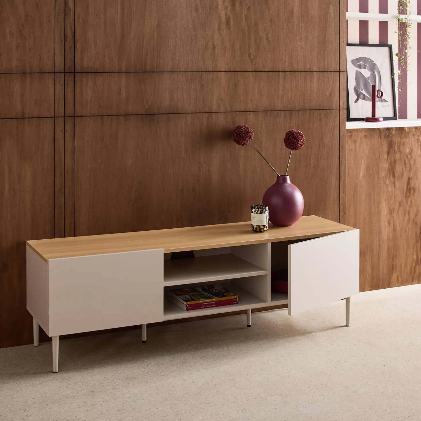 Mueble de TV de metal y decoración de madera 2 puertas, 140cm