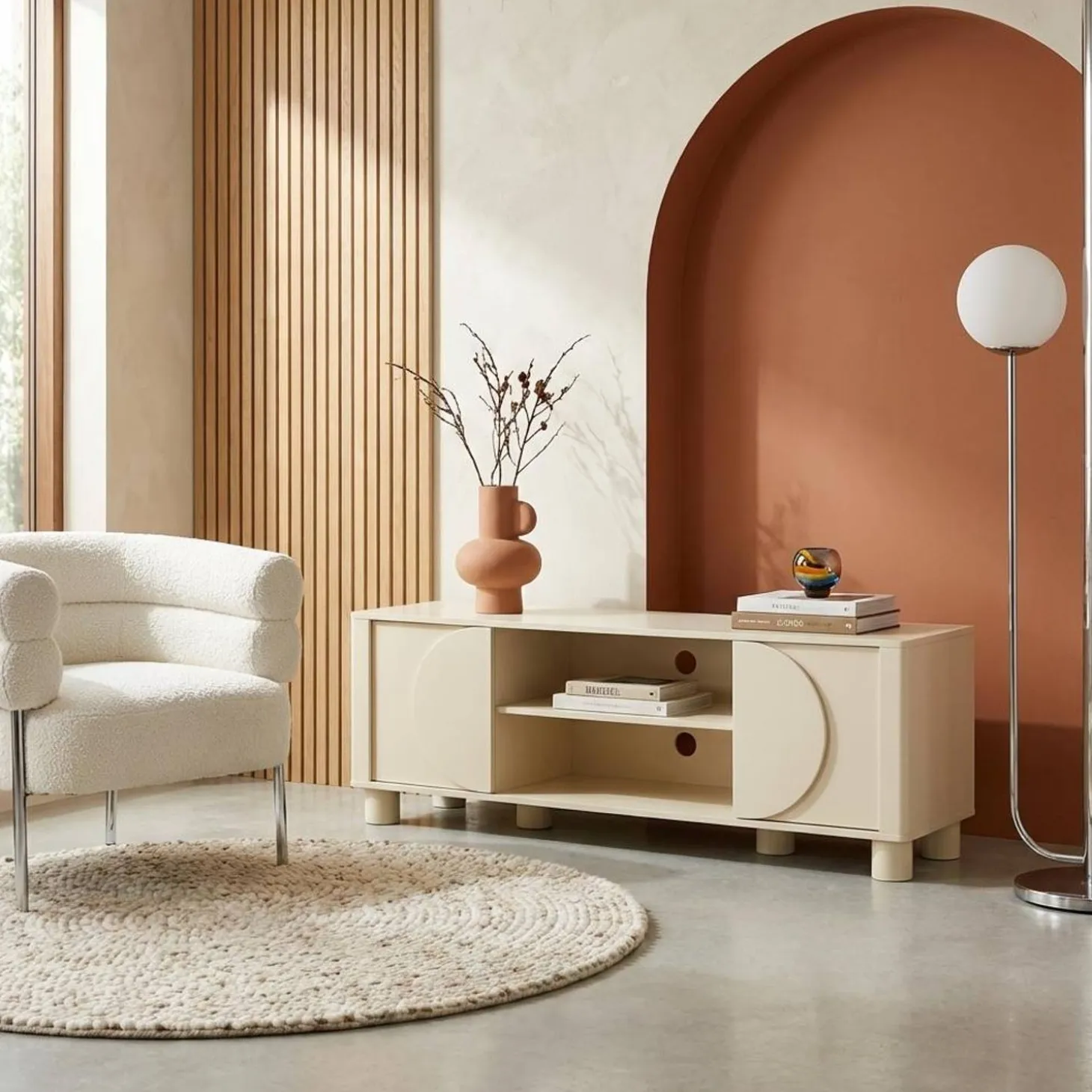 Mueble de TV efecto madera con 2 puertas reversibles, 155cm