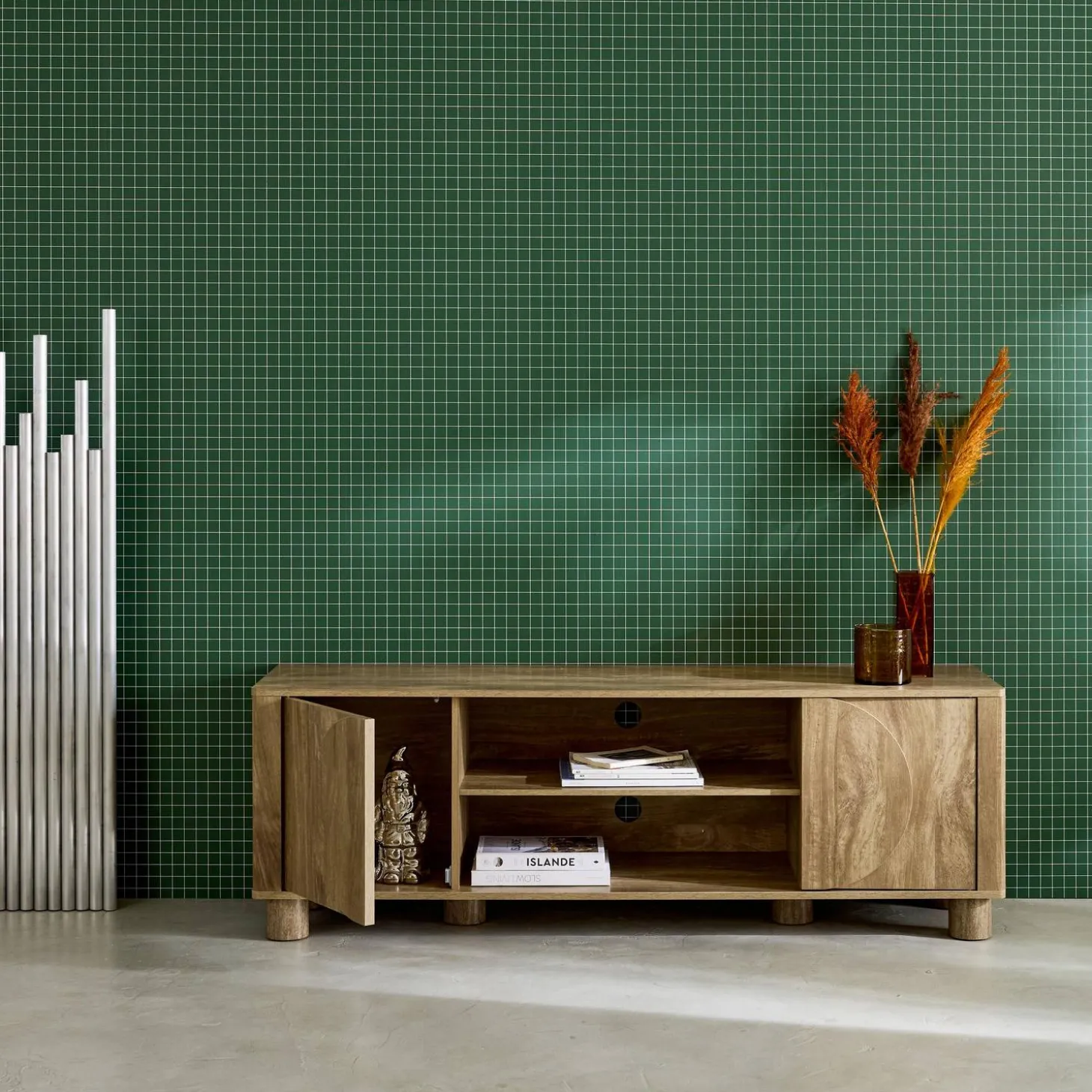 Mueble de TV efecto madera con 2 puertas reversibles, 155cm