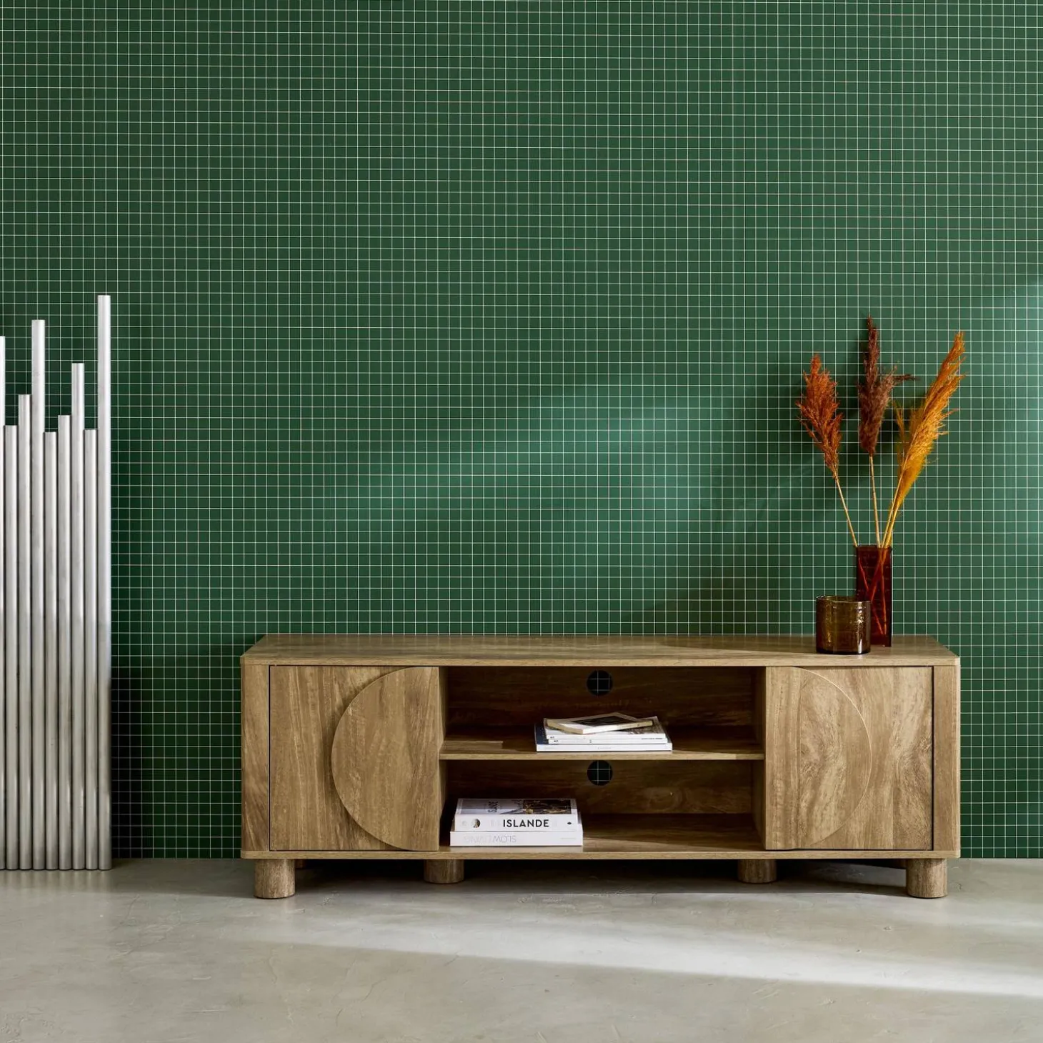 Mueble de TV efecto madera con 2 puertas reversibles, 155cm
