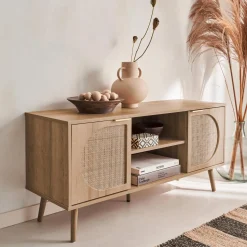 Mueble de TV en madera y caña redondeada, 120cm