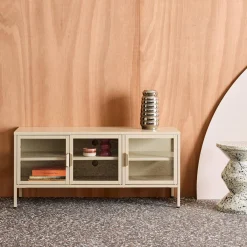 Mueble de TV industrial de metal y vidrio templado con 3 puertas, 120cm
