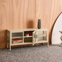 Mueble de TV industrial de metal y vidrio templado con 3 puertas, 120cm