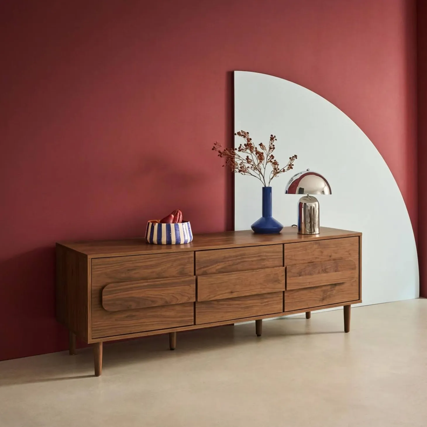 Mueble de TV vintage con efecto madera y 3 puertas, 150cm