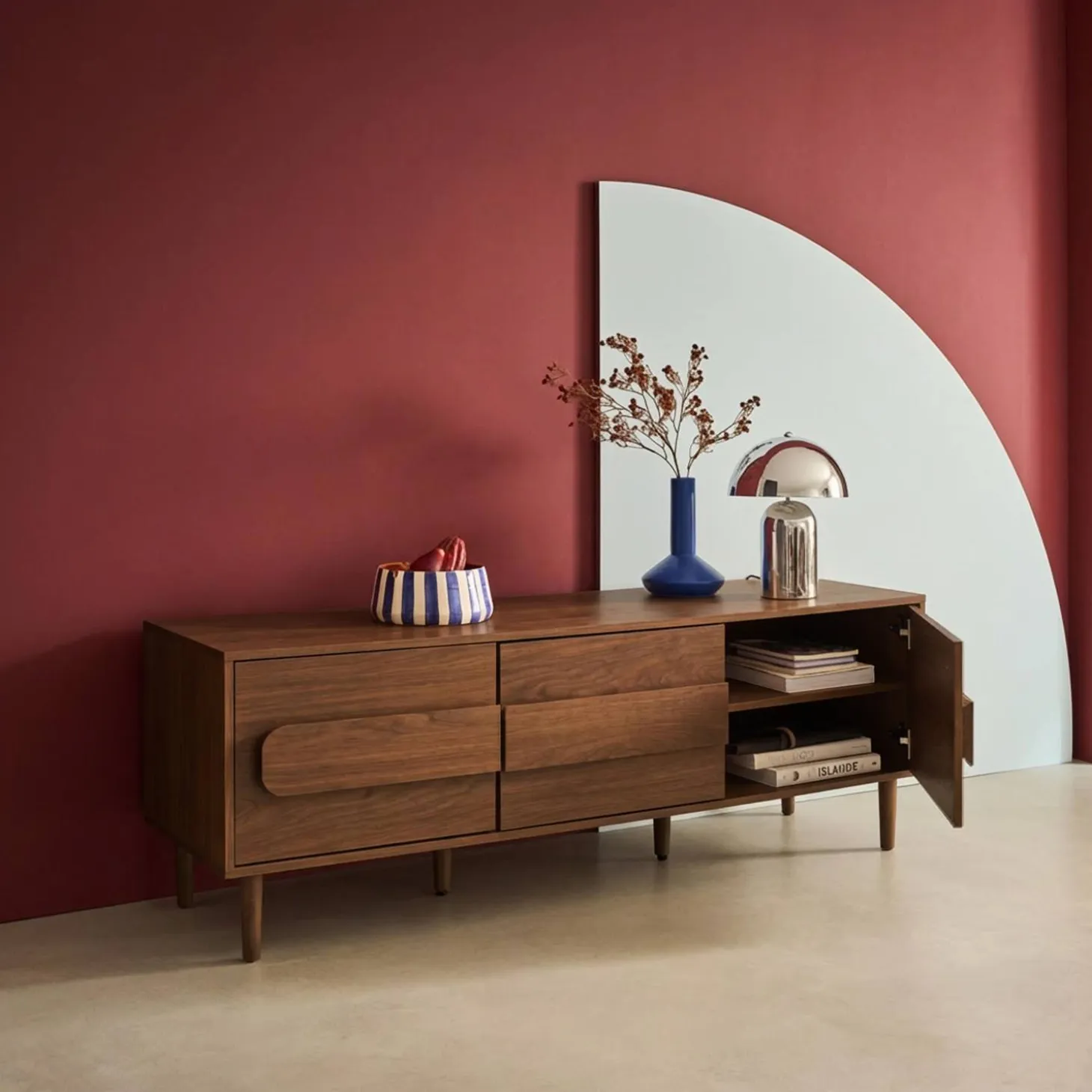Mueble de TV vintage con efecto madera y 3 puertas, 150cm