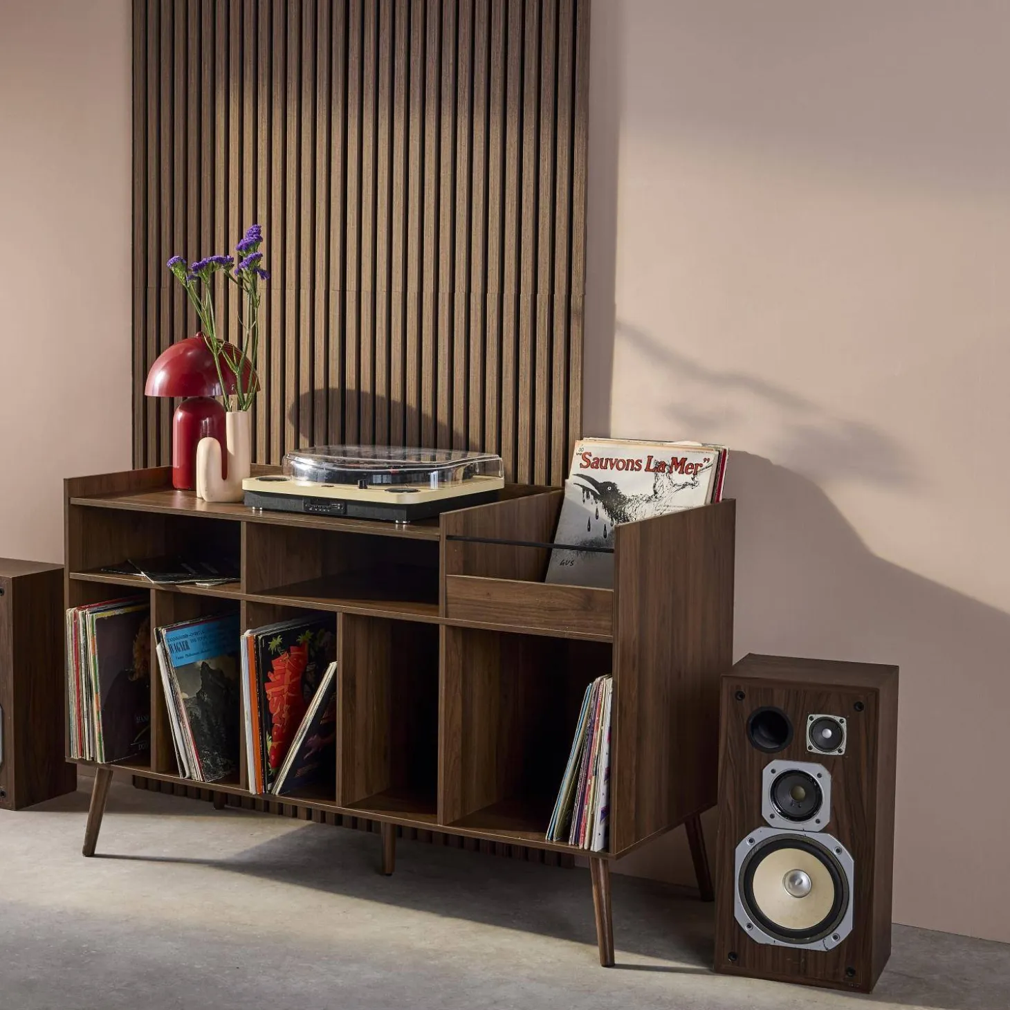 Mueble de vinilos XL vintage efecto madera oscura, 130cm