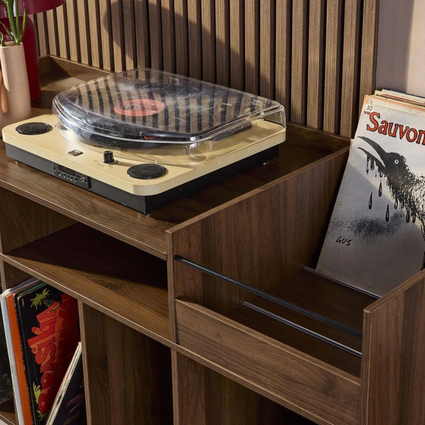 Mueble de vinilos XL vintage efecto madera oscura, 130cm