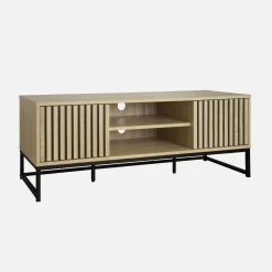 Mueble TV 2 puertas de madera ranurada y metal negro L 120