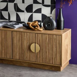 Mueble TV 4 puertas efecto madera de mango exótico, 140cm