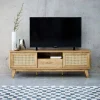 Mueble TV con puertas correderas, taquilla, estante efecto madera y caña 150cm