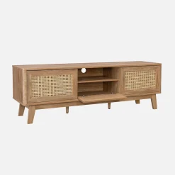 Mueble TV con puertas correderas, taquilla, estante efecto madera y caña 150cm