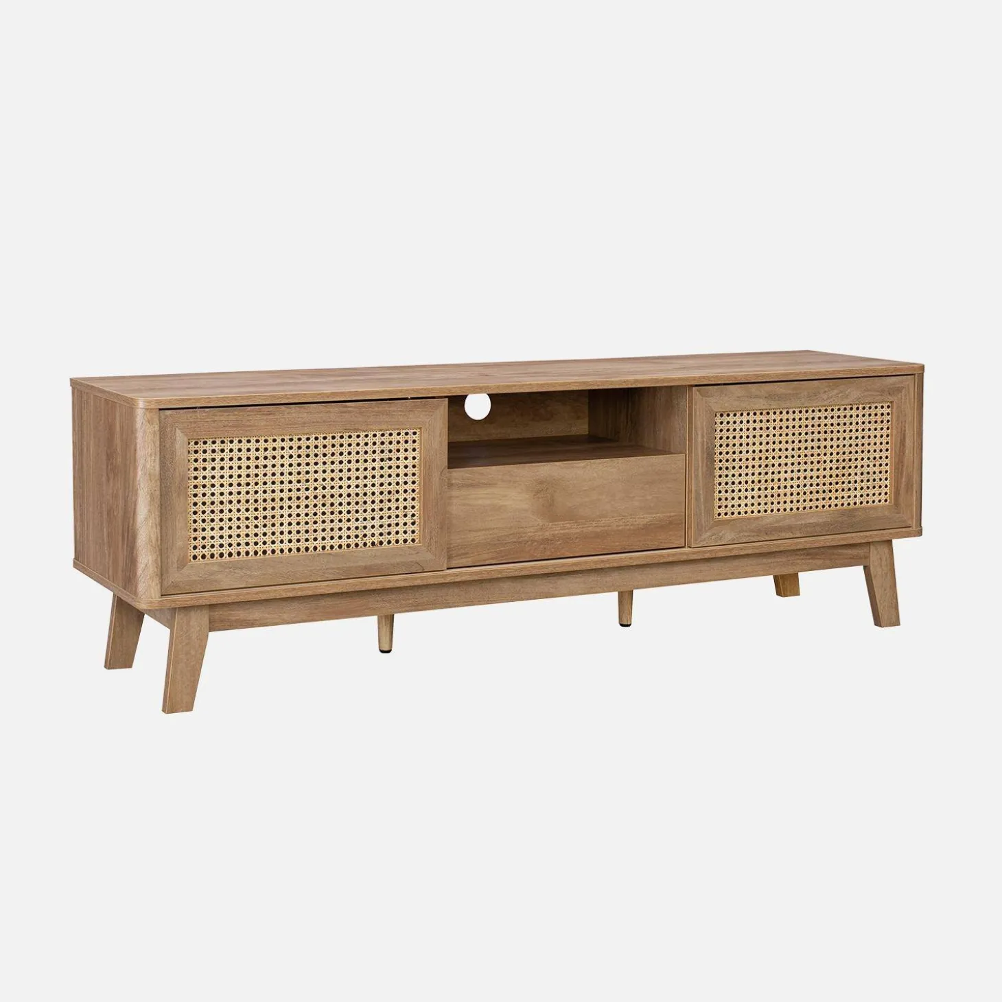 Mueble TV con puertas correderas, taquilla, estante efecto madera y caña 150cm
