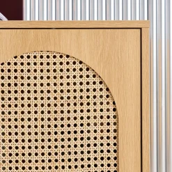 Mueble TV decoración madera y mimbre 2 puertas, 140cm