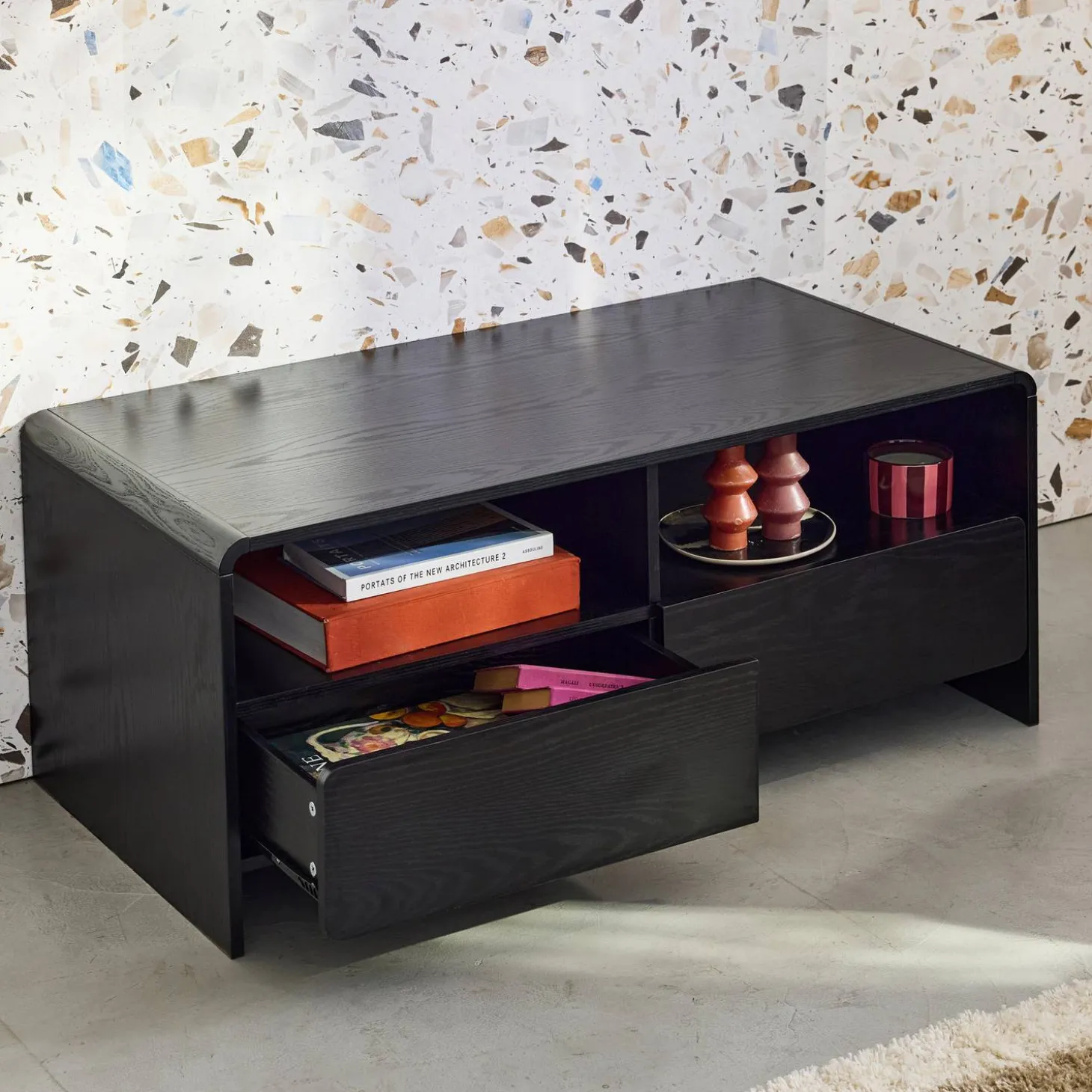 Mueble TV decorado de madera redondeada 2 cajones 110cm